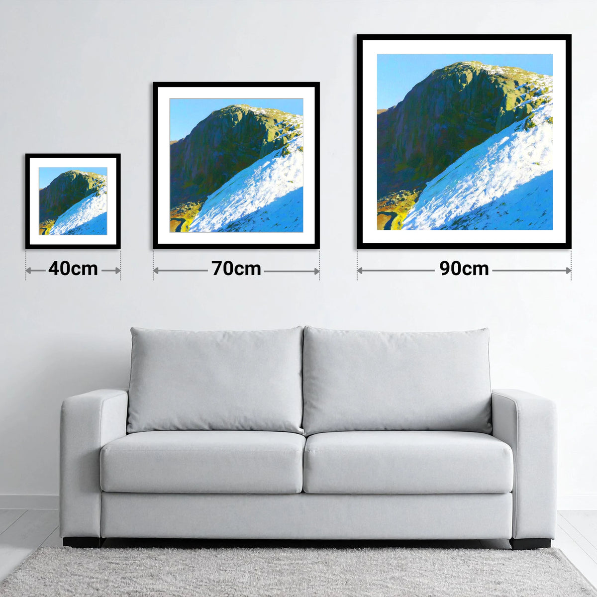 Winter Snow On Sergeant's Crag - size guide showing 40cm, 70cm and 90cm art prints