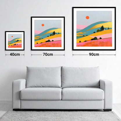Golden Evening Over Vibrant Fells - size guide showing 40cm, 70cm and 90cm art prints