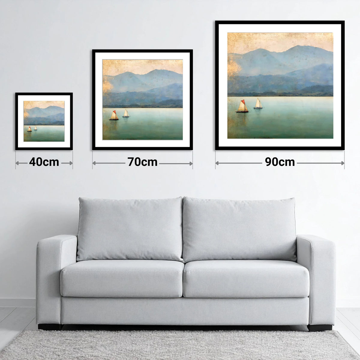 Windermere Sailboats in Teal and Gold - size guide showing 40cm, 70cm and 90cm art prints