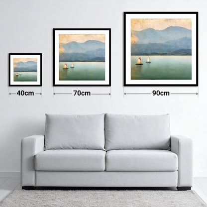Windermere Sailboats in Teal and Gold - size guide showing 40cm, 70cm and 90cm art prints