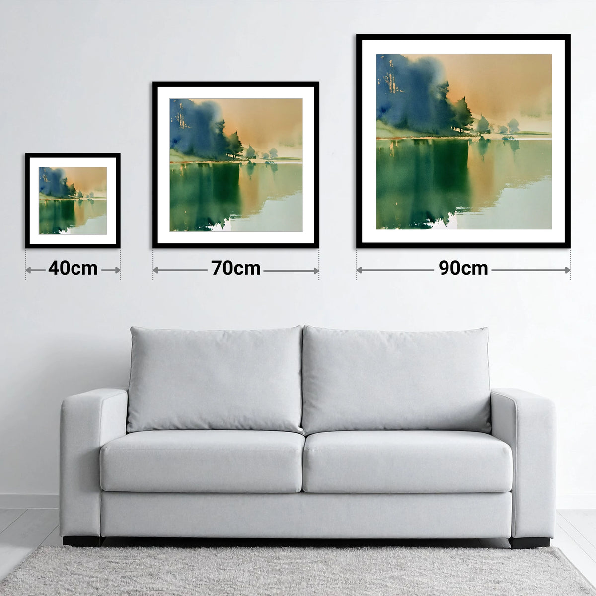 Calm Lake Reflections In Teal - size guide showing 40cm, 70cm and 90cm art prints