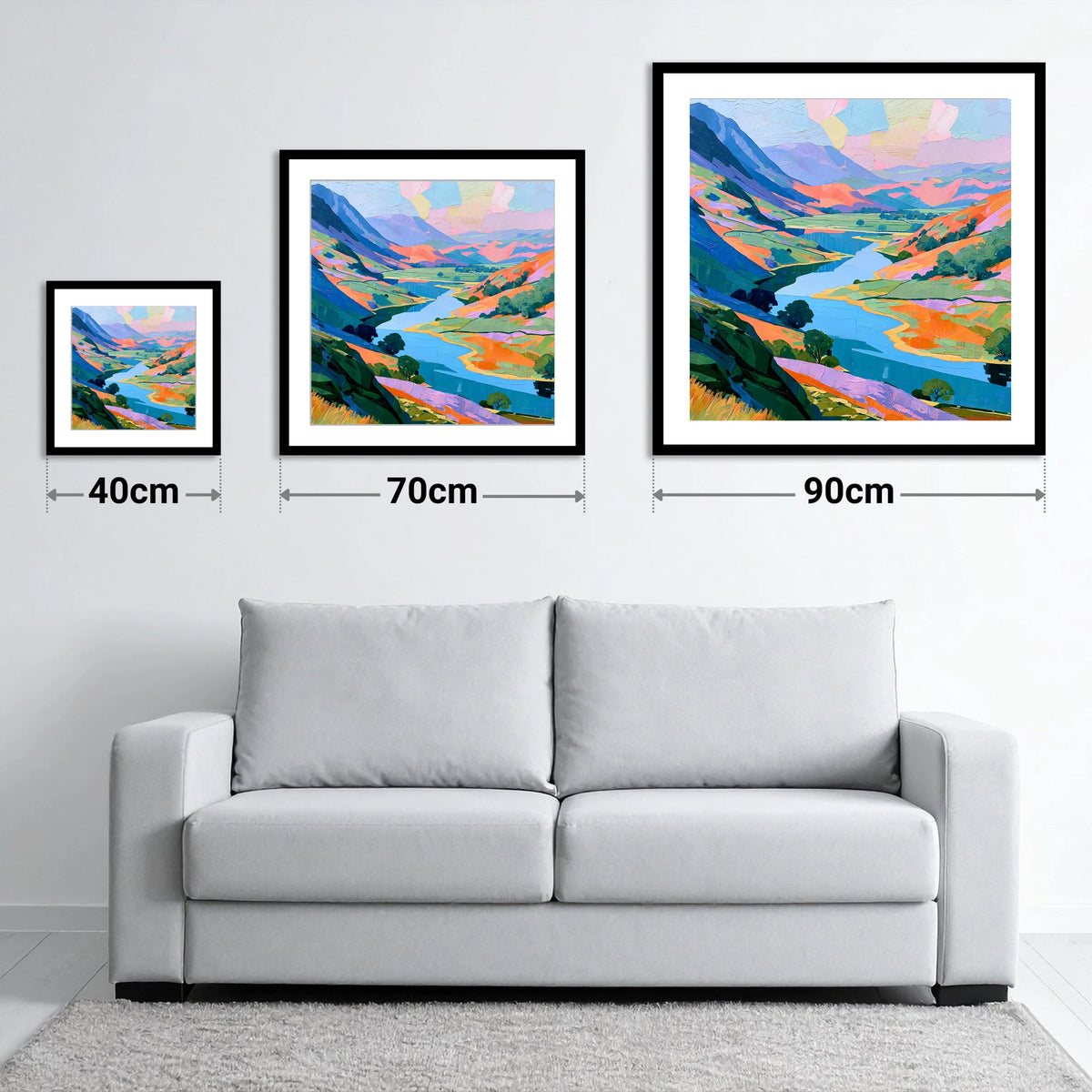 Vibrant Valley Lake and Fells - size guide showing 40cm, 70cm and 90cm art prints
