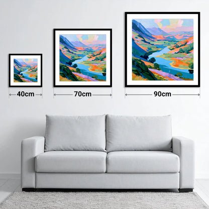 Vibrant Valley Lake and Fells - size guide showing 40cm, 70cm and 90cm art prints