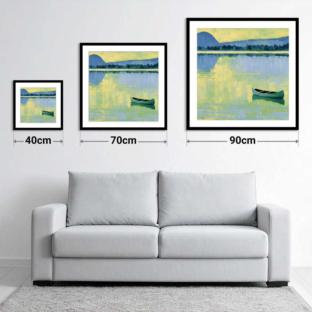Windermere Canoe in Yellow Light - size guide showing 40cm, 70cm and 90cm art prints