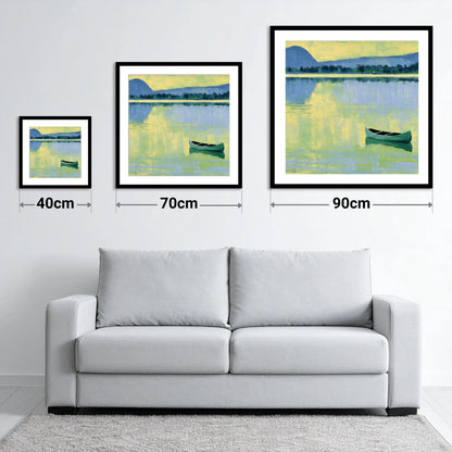 Windermere Canoe in Yellow Light - size guide showing 40cm, 70cm and 90cm art prints