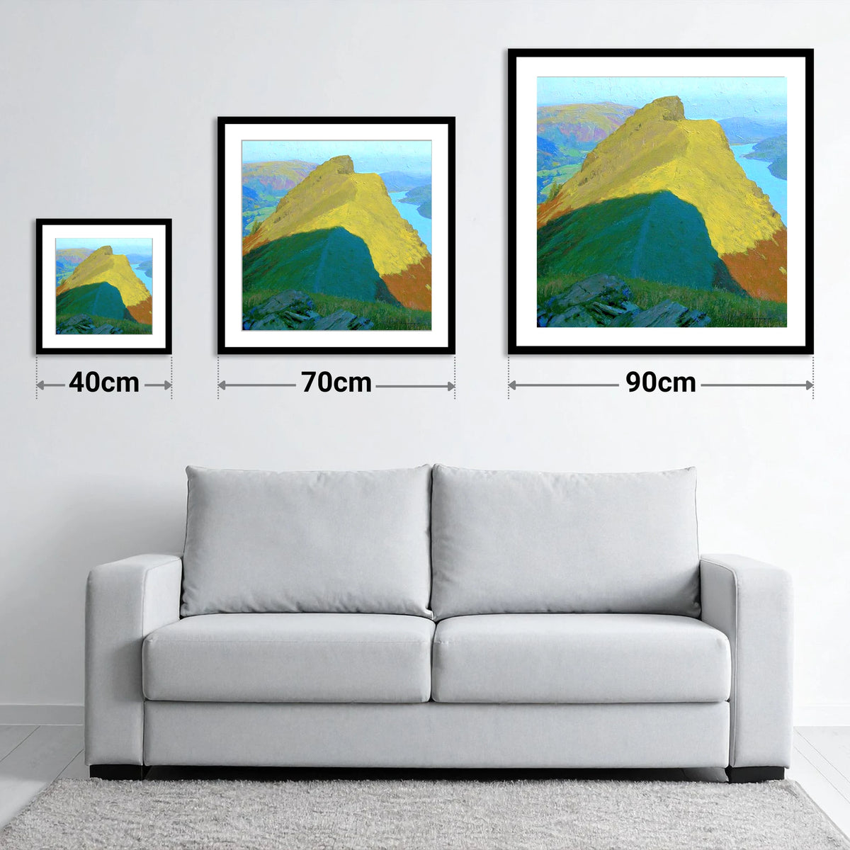 Sunlit Helm Crag Summit Ridge - size guide showing 40cm, 70cm and 90cm art prints