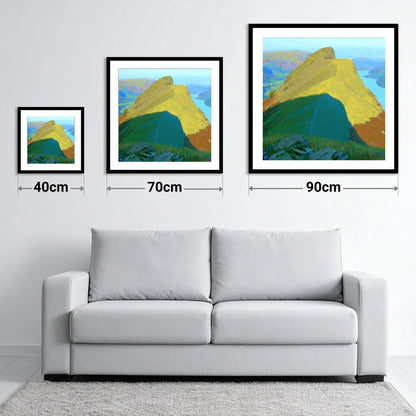 Sunlit Helm Crag Summit Ridge - size guide showing 40cm, 70cm and 90cm art prints