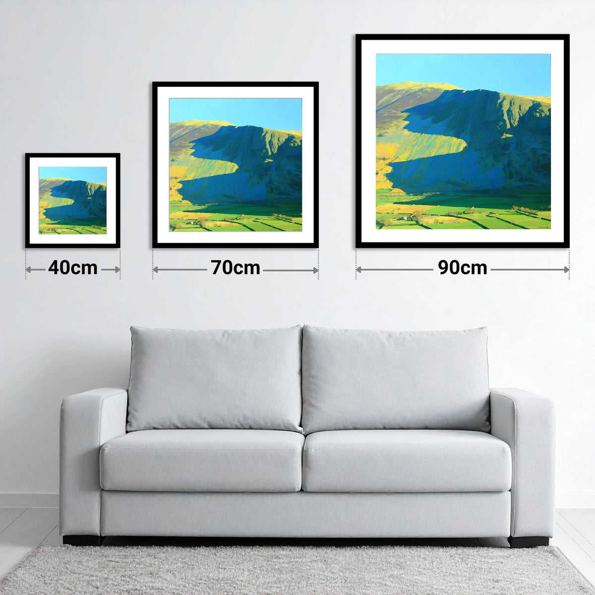 Clough Head in Bold Shadows - size guide showing 40cm, 70cm and 90cm art prints