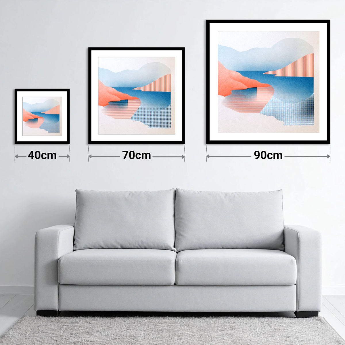 Buttermere Fells in Coral and Blue - size guide showing 40cm, 70cm and 90cm art prints