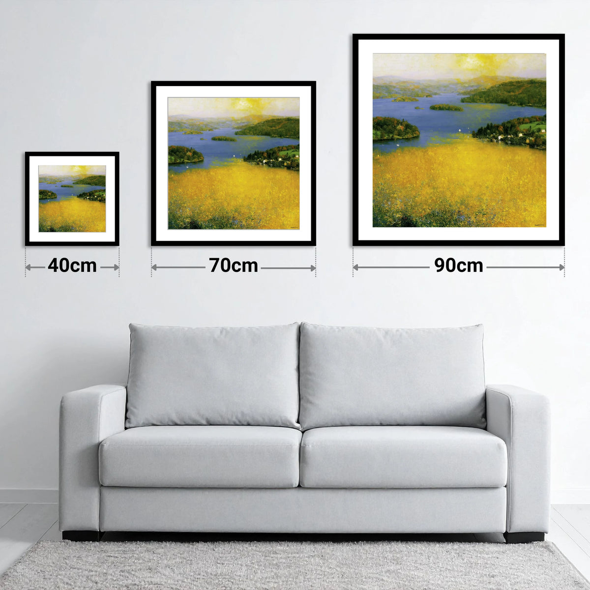Golden Light Over Bowness Bay - size guide showing 40cm, 70cm and 90cm art prints