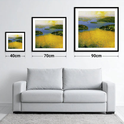 Golden Light Over Bowness Bay - size guide showing 40cm, 70cm and 90cm art prints