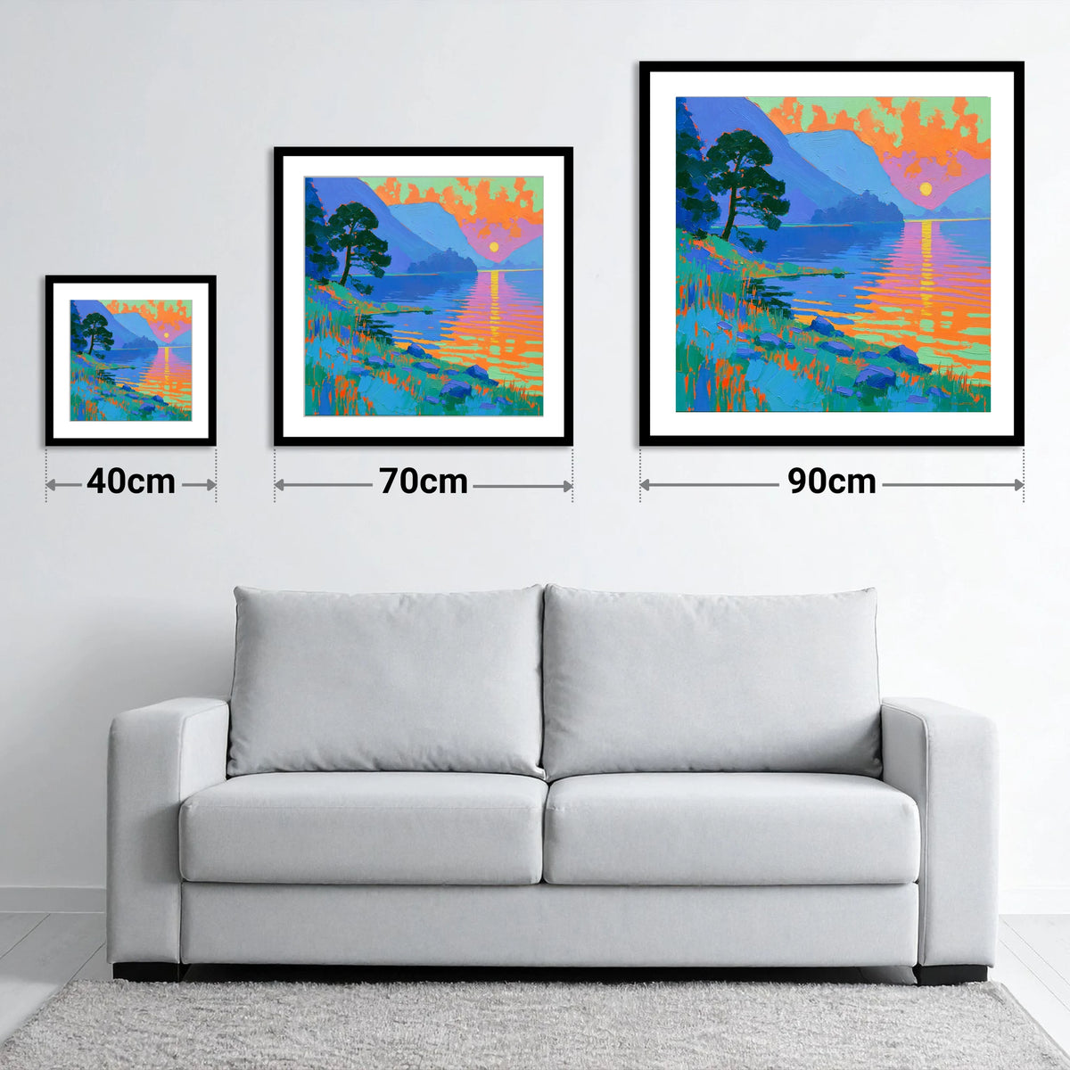 Bold Sunset Over The Lake - size guide showing 40cm, 70cm and 90cm art prints