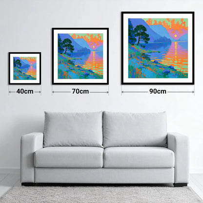 Bold Sunset Over The Lake - size guide showing 40cm, 70cm and 90cm art prints
