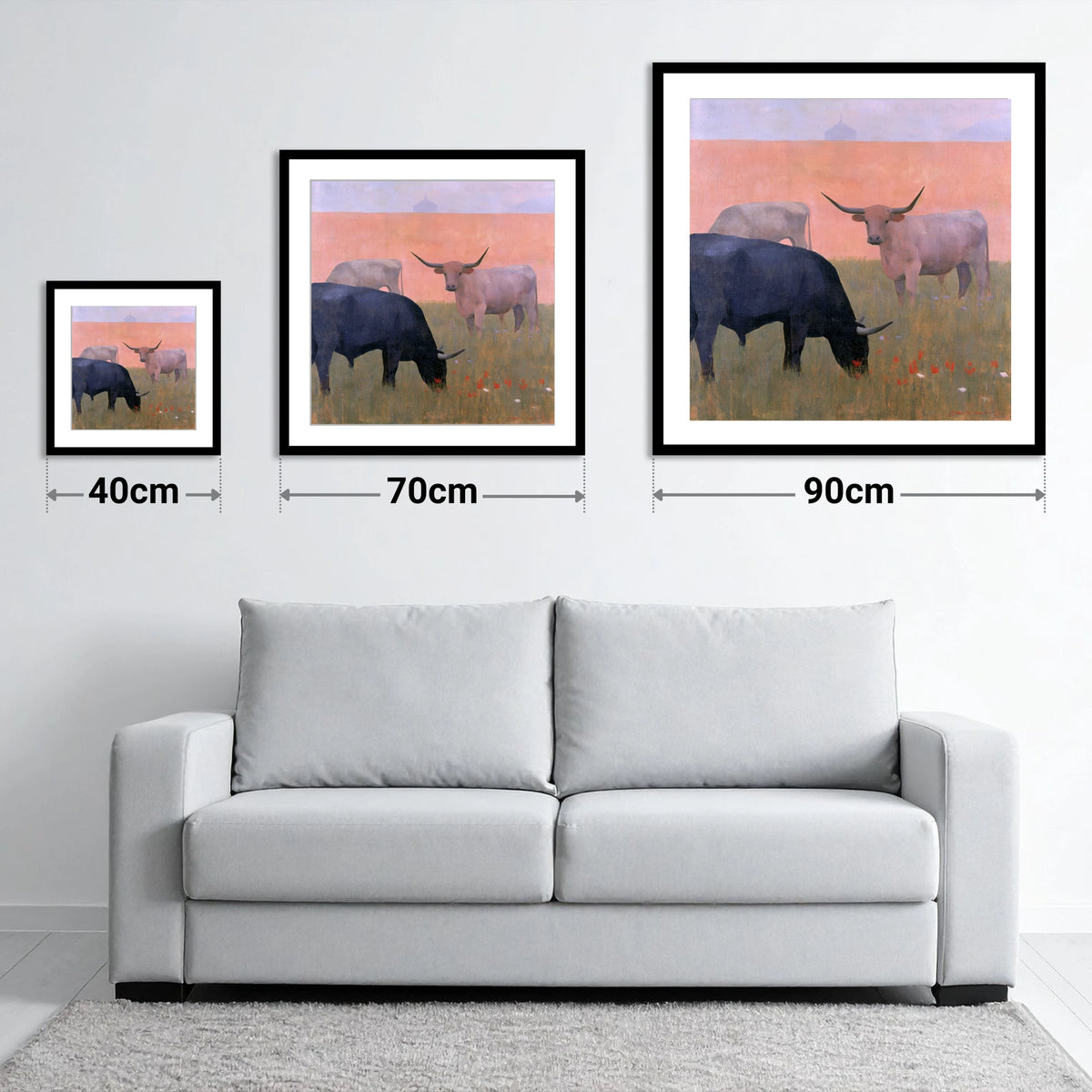 Highland Cattle in Pastel Light - size guide showing 40cm, 70cm and 90cm art prints