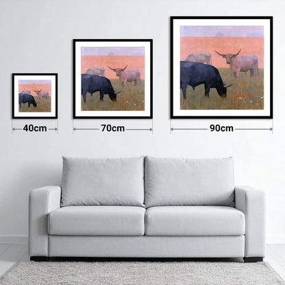 Highland Cattle in Pastel Light - size guide showing 40cm, 70cm and 90cm art prints