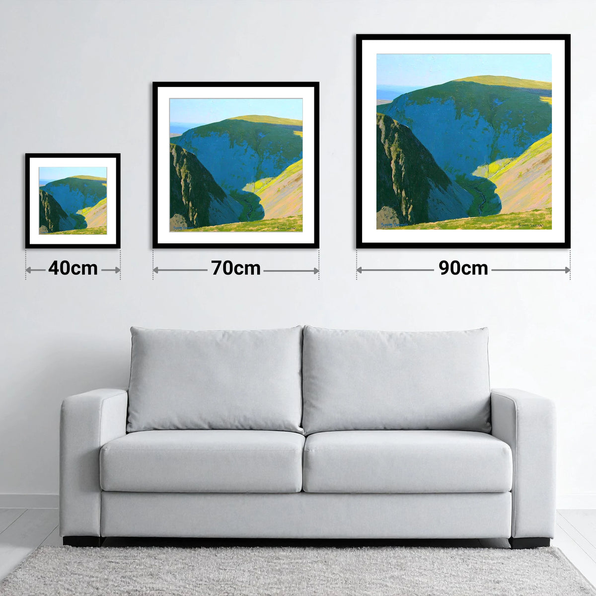 High Pike Deep Blue Valley - size guide showing 40cm, 70cm and 90cm art prints