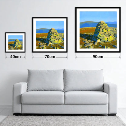 Sunlit Cairn on Brim Fell - size guide showing 40cm, 70cm and 90cm art prints