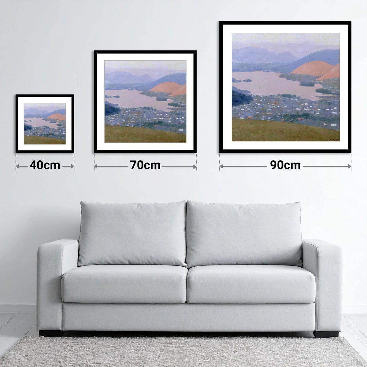Keswick and Derwentwater Pastel Dusk - size guide showing 40cm, 70cm and 90cm art prints