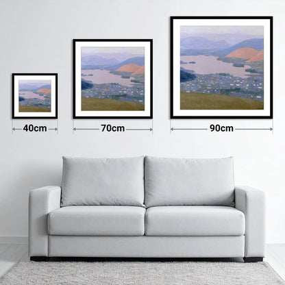 Keswick and Derwentwater Pastel Dusk - size guide showing 40cm, 70cm and 90cm art prints