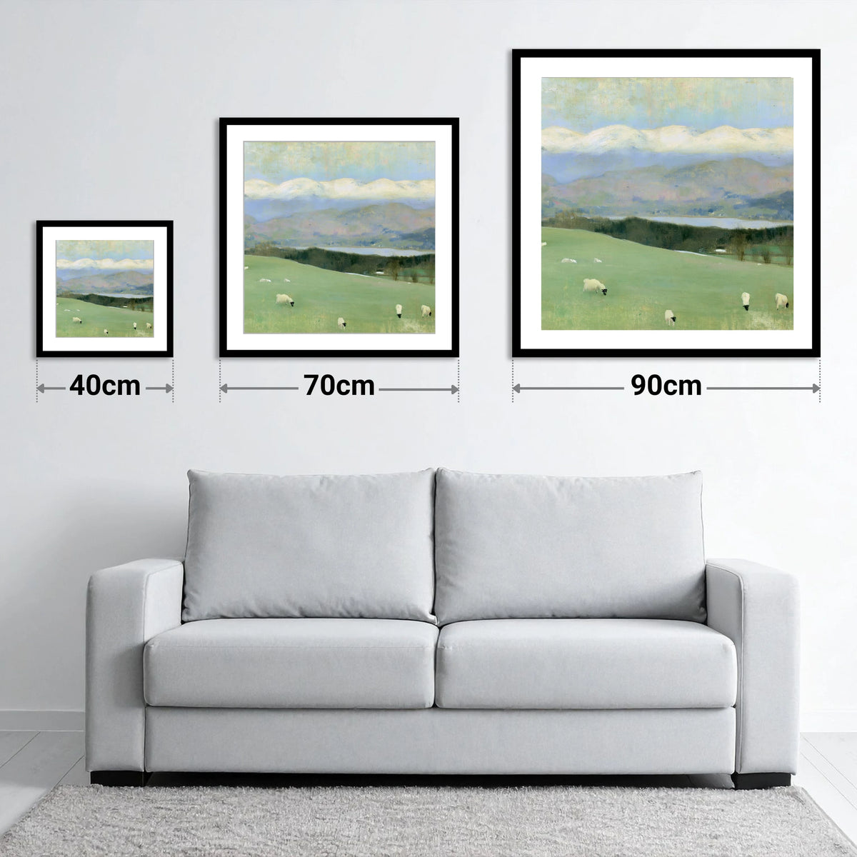 Hawkshead Pastures and Snow-Capped Fells - size guide showing 40cm, 70cm and 90cm art prints