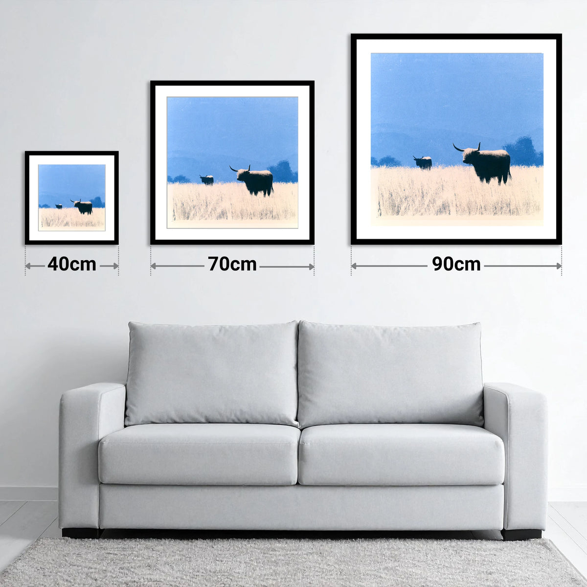 Highland Cattle Beneath Blue Skies - size guide showing 40cm, 70cm and 90cm art prints