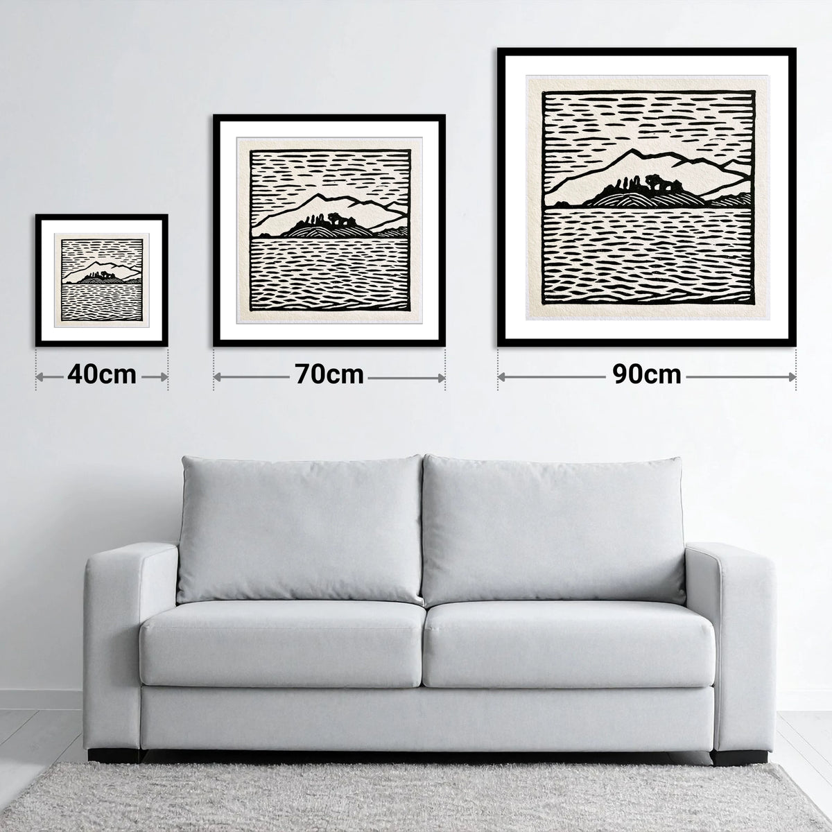 Bold Monochrome Derwentwater Island - size guide showing 40cm, 70cm and 90cm art prints