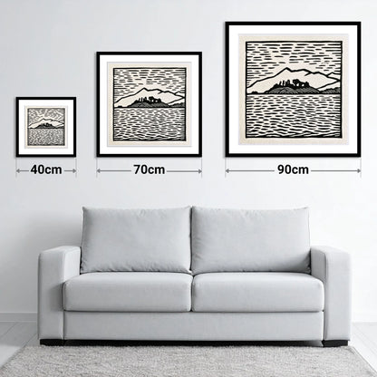 Bold Monochrome Derwentwater Island - size guide showing 40cm, 70cm and 90cm art prints
