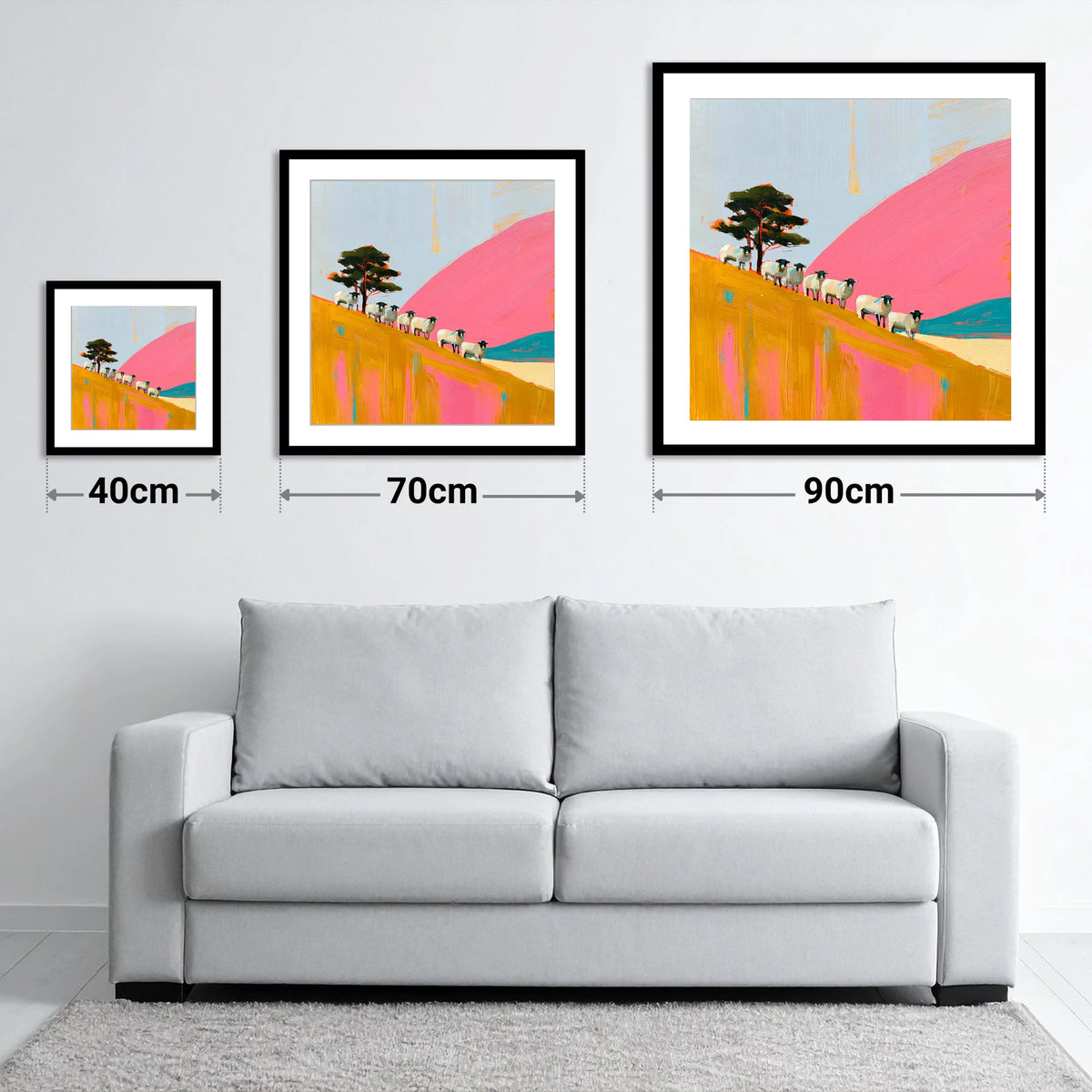 Herdwick Sheep on Pink Fellside - size guide showing 40cm, 70cm and 90cm art prints