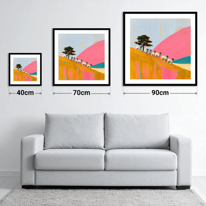 Herdwick Sheep on Pink Fellside - size guide showing 40cm, 70cm and 90cm art prints