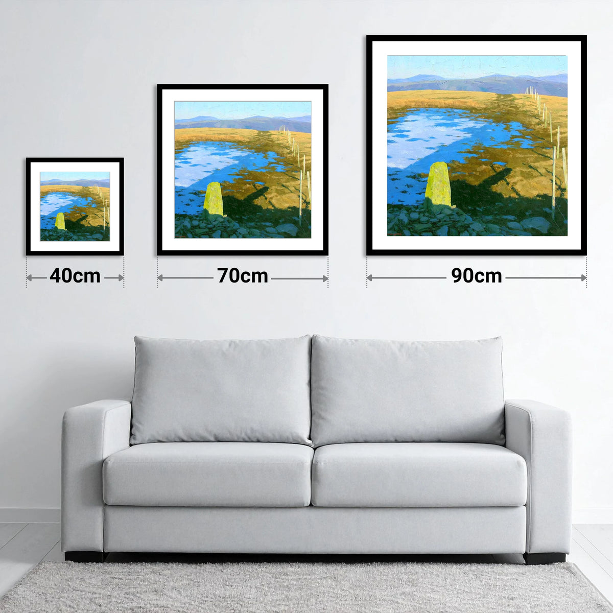 Sunlit Frozen Pool on Ullscarf - size guide showing 40cm, 70cm and 90cm art prints