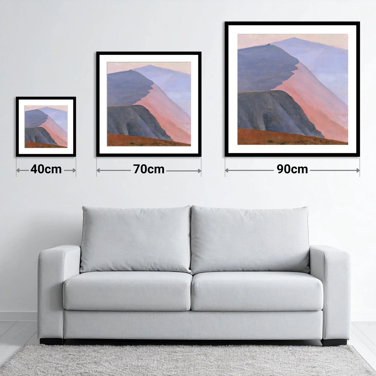 Mountain Summit in Pink Light - size guide showing 40cm, 70cm and 90cm art prints
