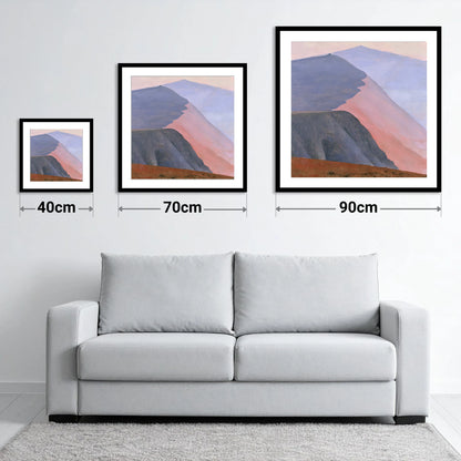 Mountain Summit in Pink Light - size guide showing 40cm, 70cm and 90cm art prints