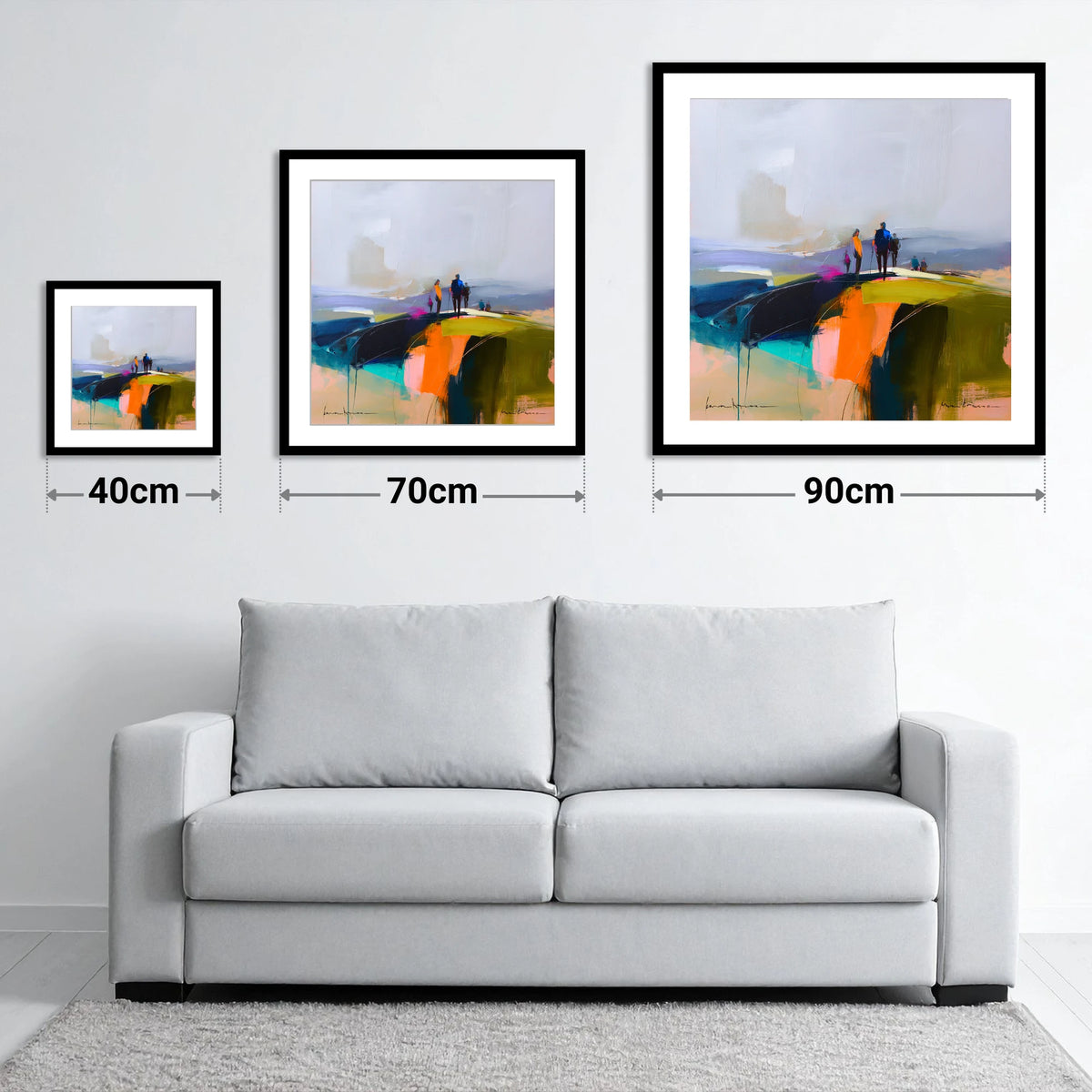 Abstract Fell Top Walkers - size guide showing 40cm, 70cm and 90cm art prints