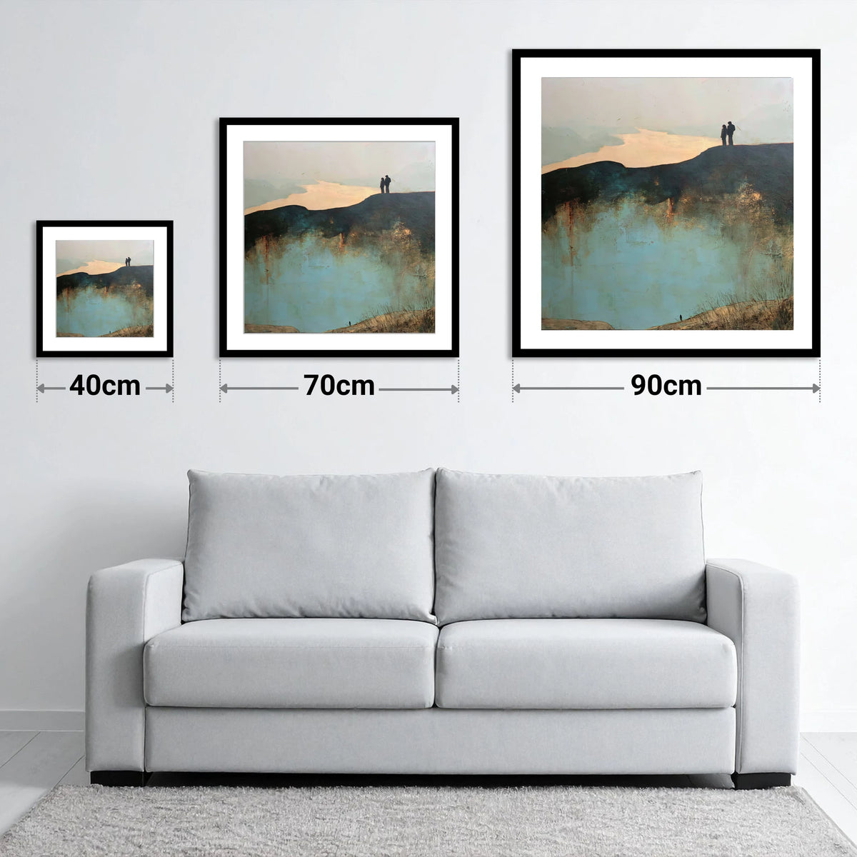 Catbells Ridge Over Golden Water - size guide showing 40cm, 70cm and 90cm art prints