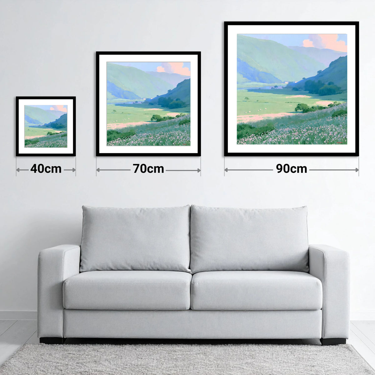 Blue Fells and Wildflower Meadow - size guide showing 40cm, 70cm and 90cm art prints