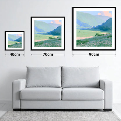 Blue Fells and Wildflower Meadow - size guide showing 40cm, 70cm and 90cm art prints