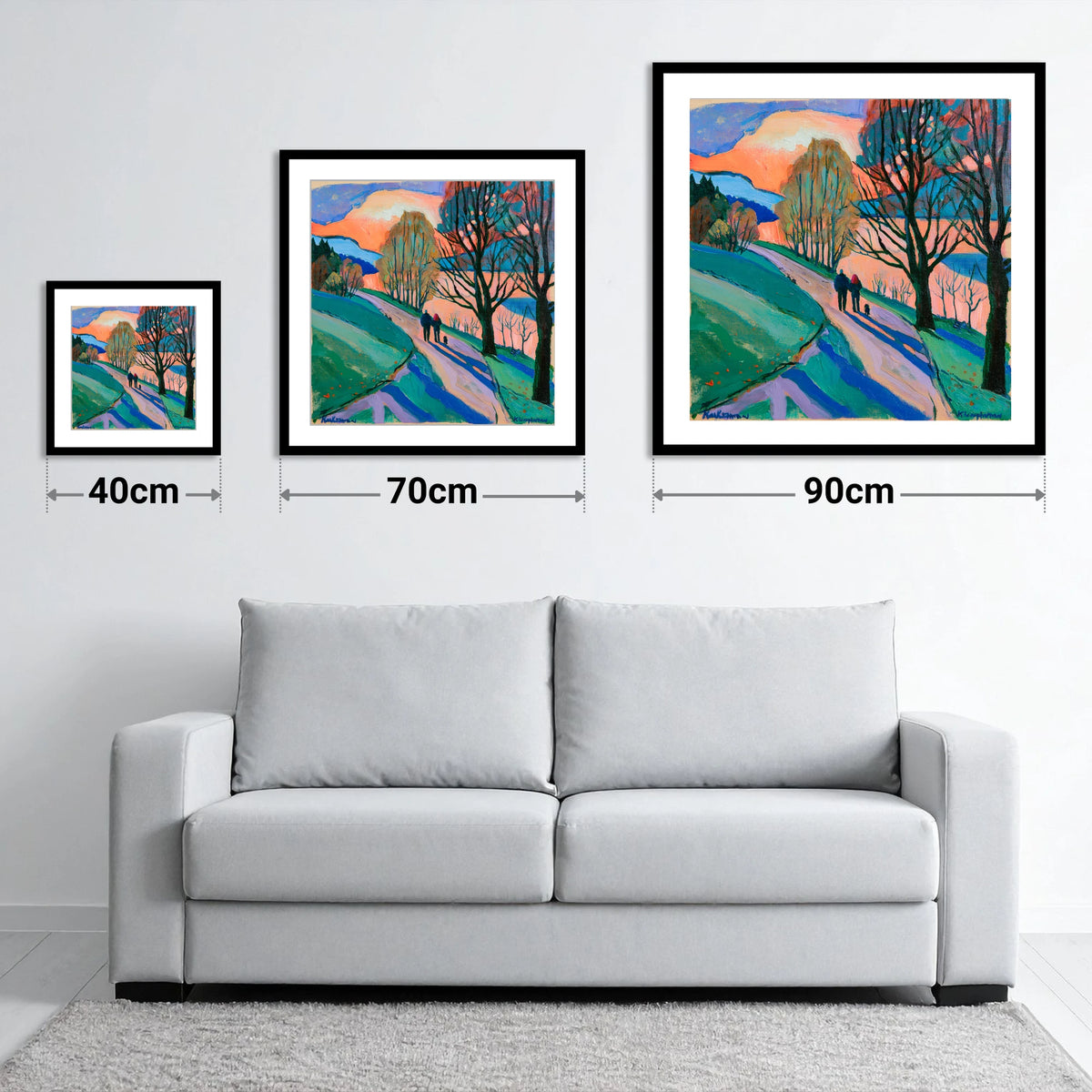 Keswick Sunset Dog Walk - size guide showing 40cm, 70cm and 90cm art prints