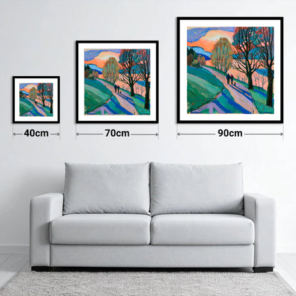 Keswick Sunset Dog Walk - size guide showing 40cm, 70cm and 90cm art prints