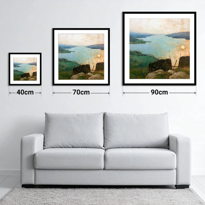 Lake Windermere in Golden Haze - size guide showing 40cm, 70cm and 90cm art prints