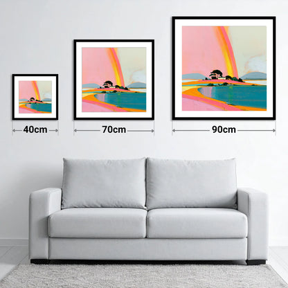 Bold Rainbow Over the Lake - size guide showing 40cm, 70cm and 90cm art prints