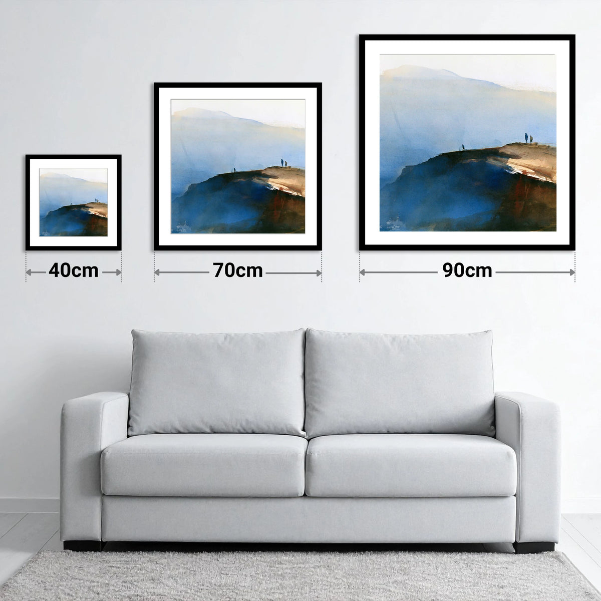 Indigo Fell Edge with Hikers - size guide showing 40cm, 70cm and 90cm art prints