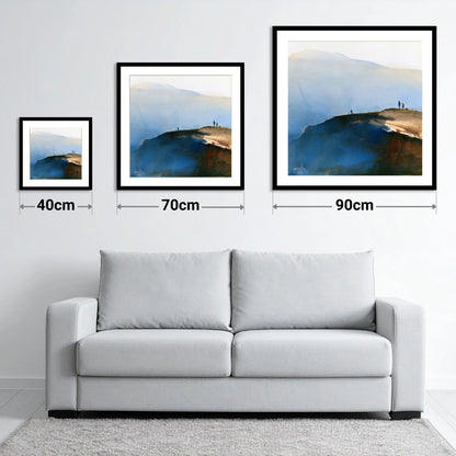 Indigo Fell Edge with Hikers - size guide showing 40cm, 70cm and 90cm art prints