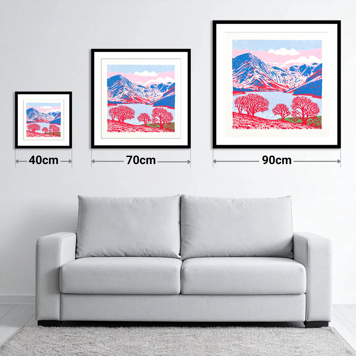 Graphic Buttermere in Red and Blue - size guide showing 40cm, 70cm and 90cm art prints