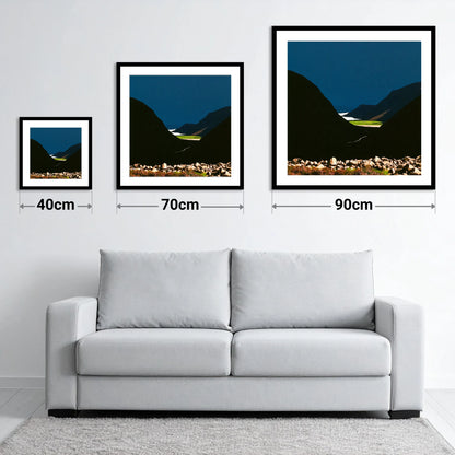 Haystacks Fell Dramatic Silhouette - size guide showing 40cm, 70cm and 90cm art prints