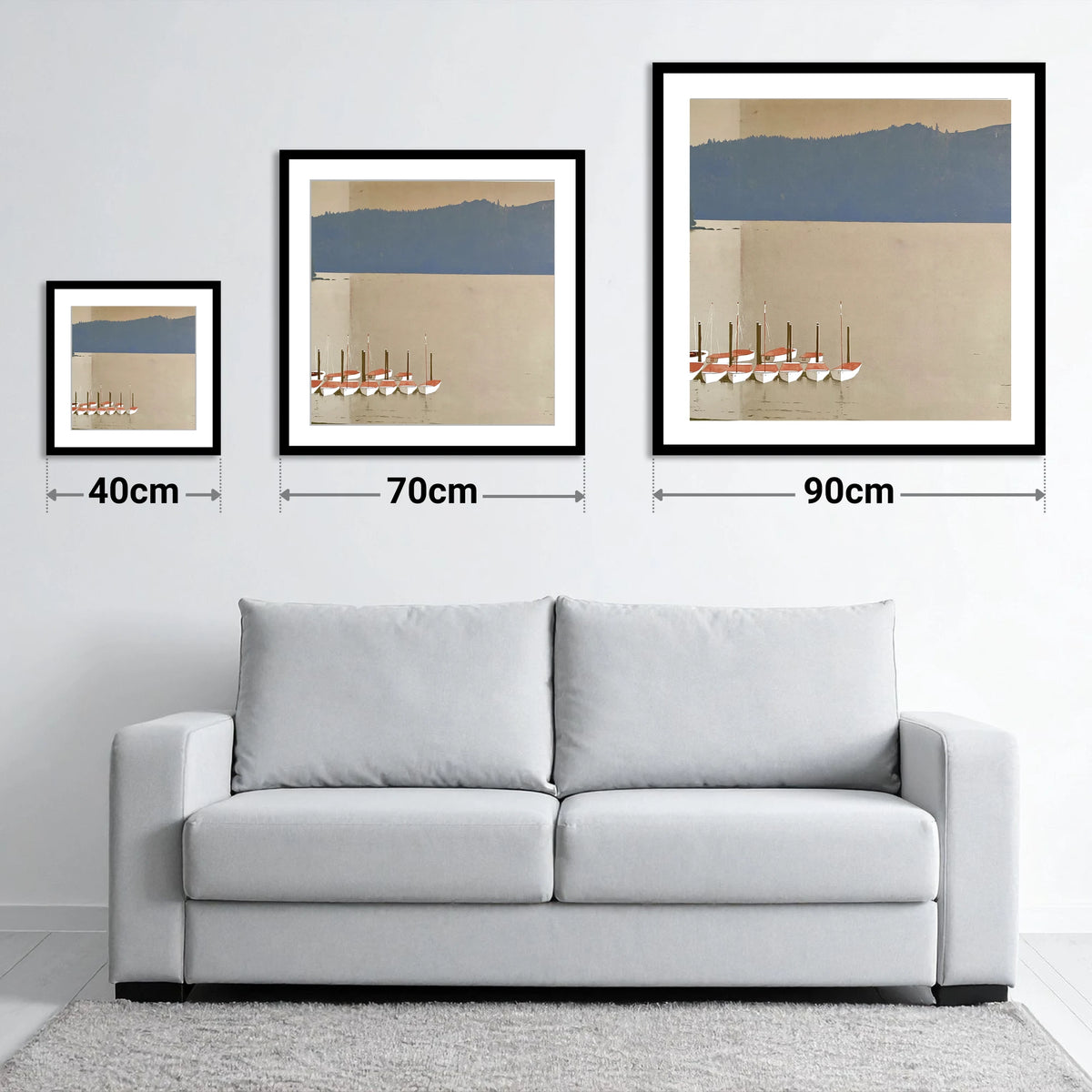 Windermere Boats Below Slate Fells - size guide showing 40cm, 70cm and 90cm art prints