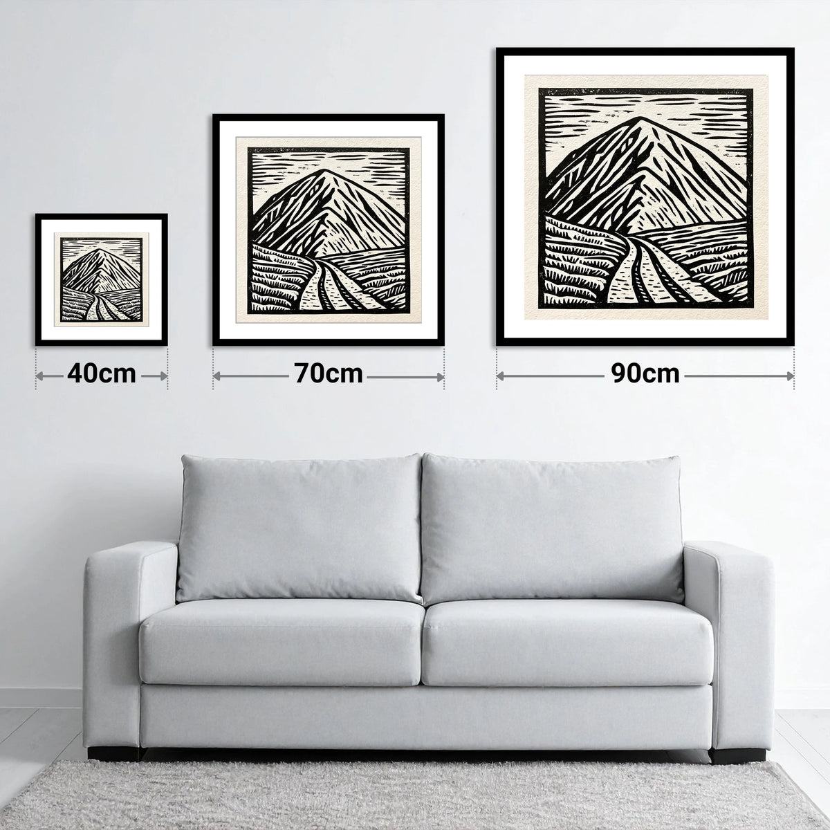 Bold Monochrome Blencathra Peak - size guide showing 40cm, 70cm and 90cm art prints