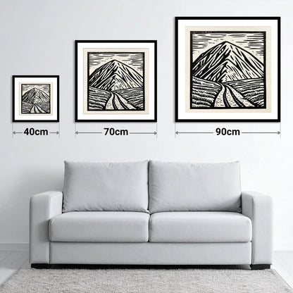 Bold Monochrome Blencathra Peak - size guide showing 40cm, 70cm and 90cm art prints