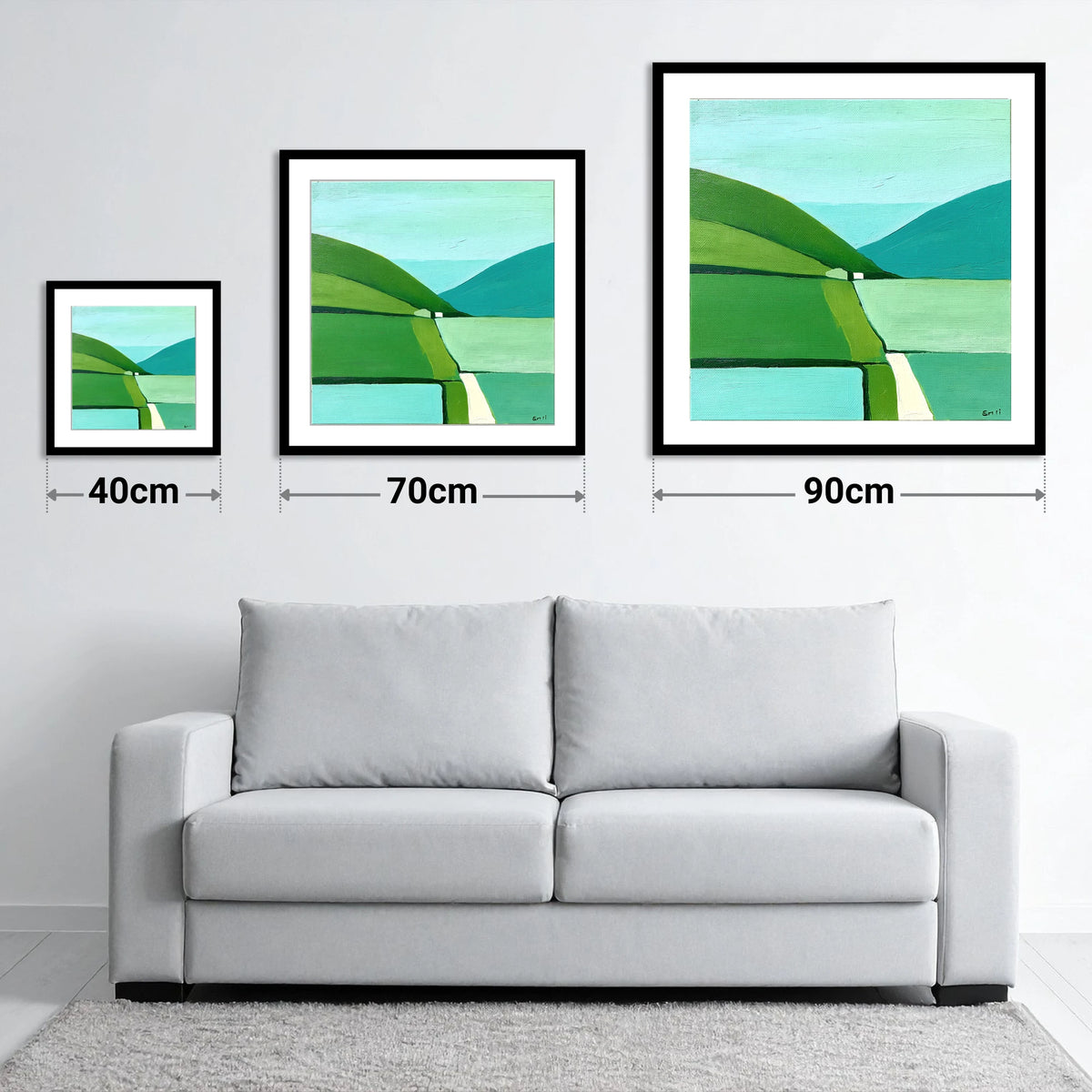Geometric Green Valley Between Fells - size guide showing 40cm, 70cm and 90cm art prints