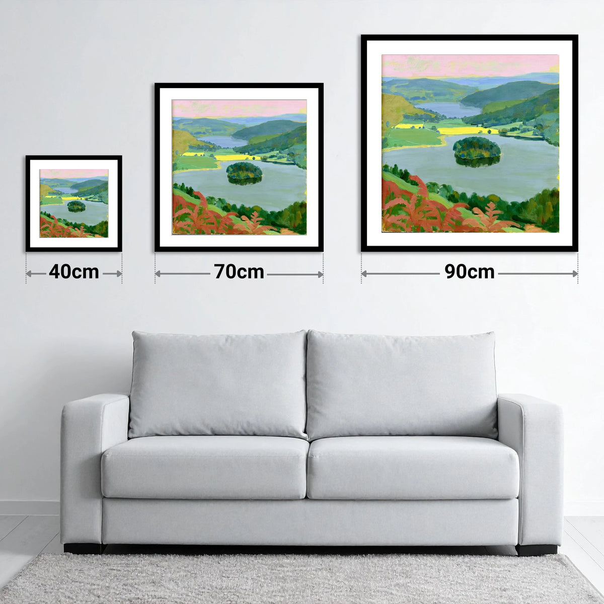 Grasmere Through Red Bracken - size guide showing 40cm, 70cm and 90cm art prints