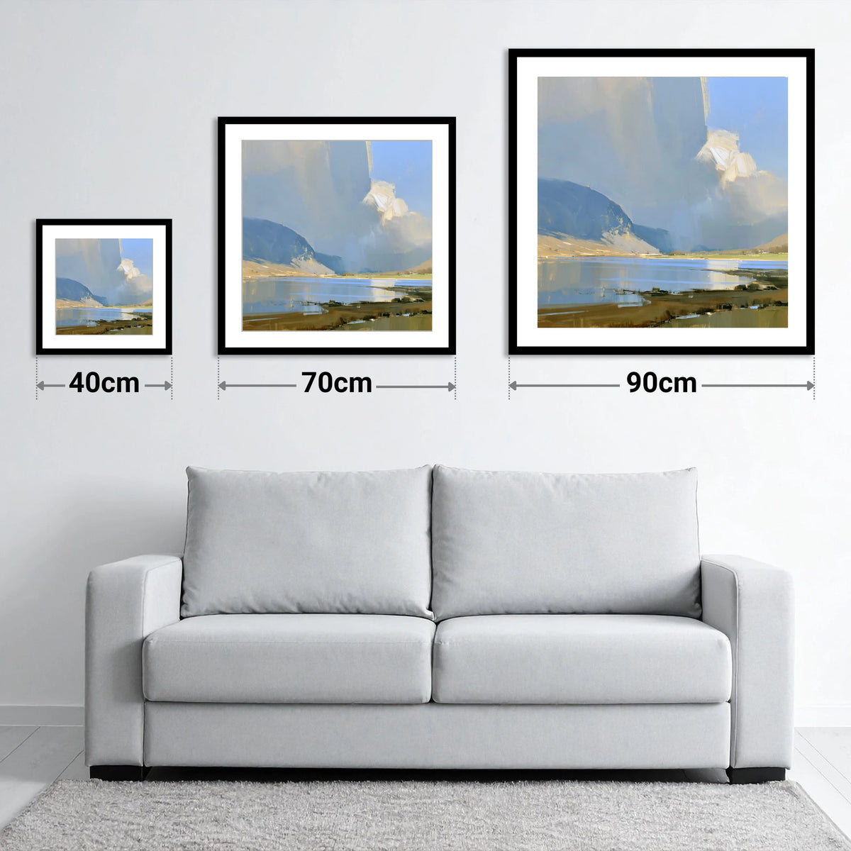 Sunlit Storm Cloud Over the Lake - size guide showing 40cm, 70cm and 90cm art prints
